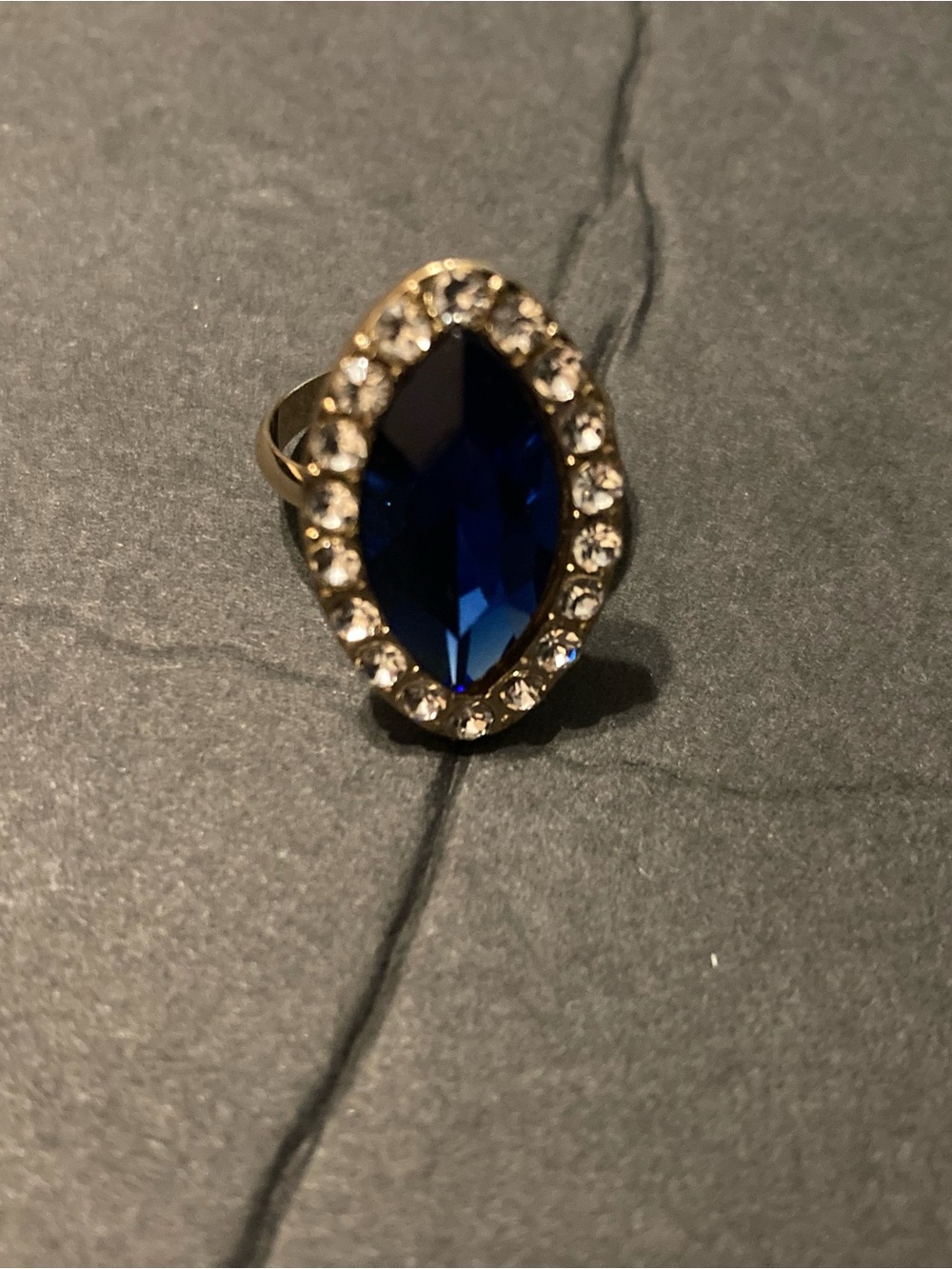 Natasha Couture Gold-Tone Ring with Royal Blue Marquise Crystal and Clear Halo